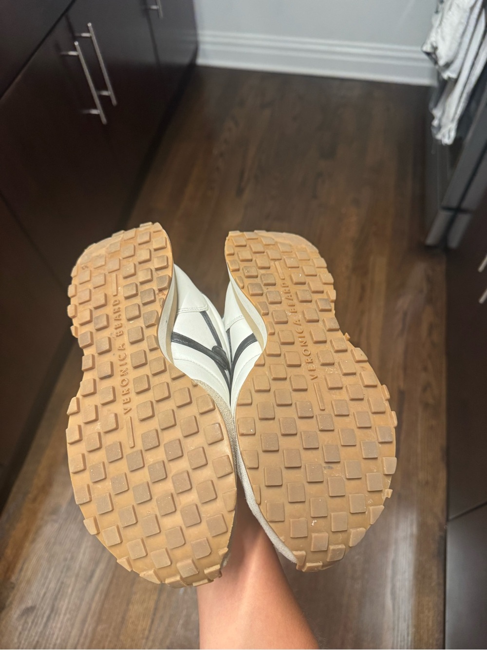 Veronica Beard Valentina White Sneakers with Tan Platform and Navy Accents - Picture 7 of 10
